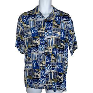 Aloha Hut Vintage Hawaiian Blue Abstract Turtle Surfboard Beach Vacation Shirt M